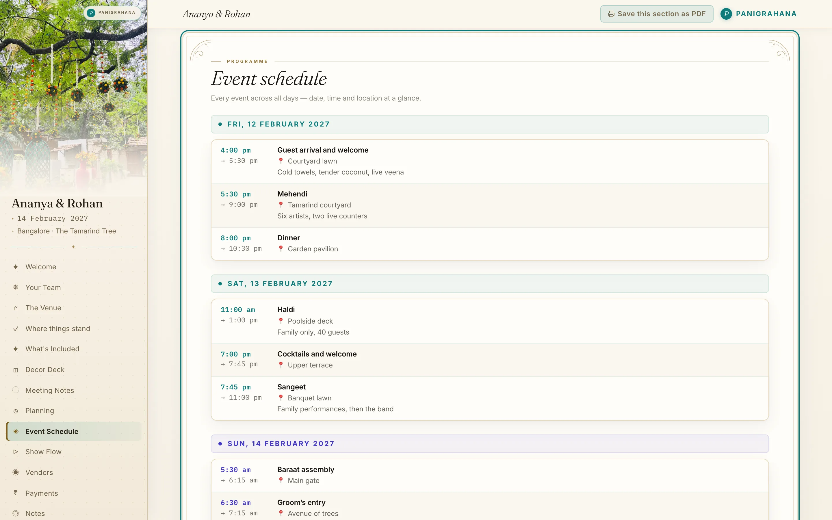 Panigrahana couple portal, Event Schedule screen, sample data
