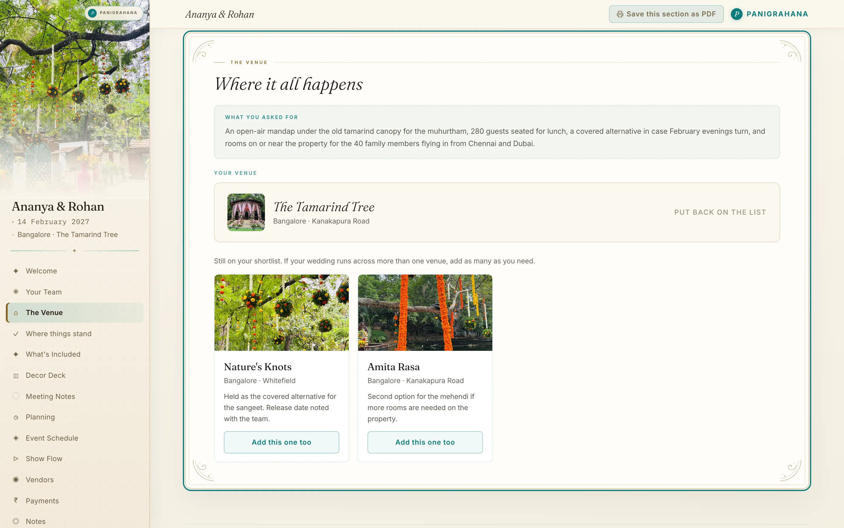 Panigrahana couple portal, The Venue screen, sample data