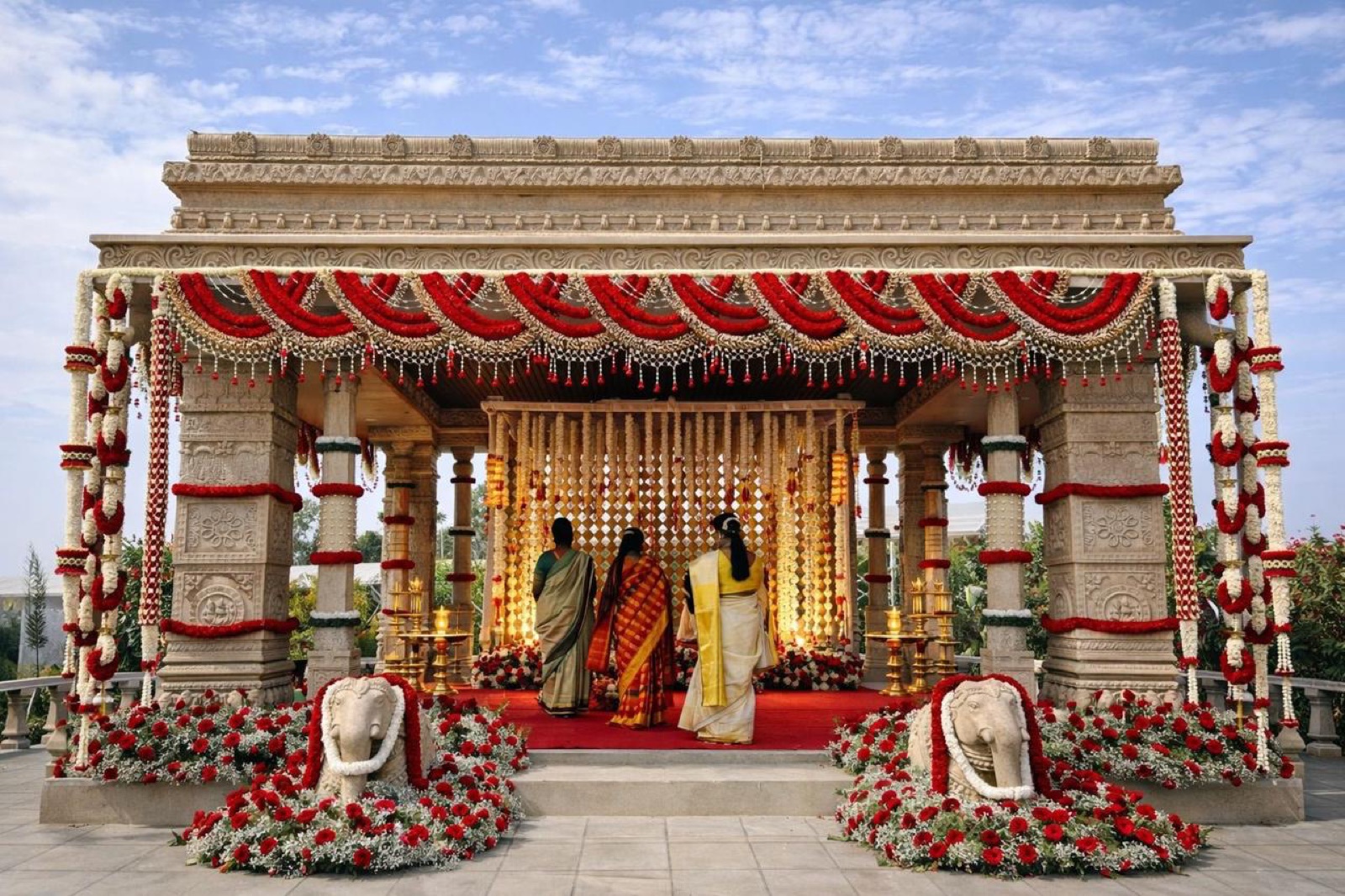Carved temple mandap dressed in red rose and jasmine garland swags with stone elephants — Panigrahana decor
