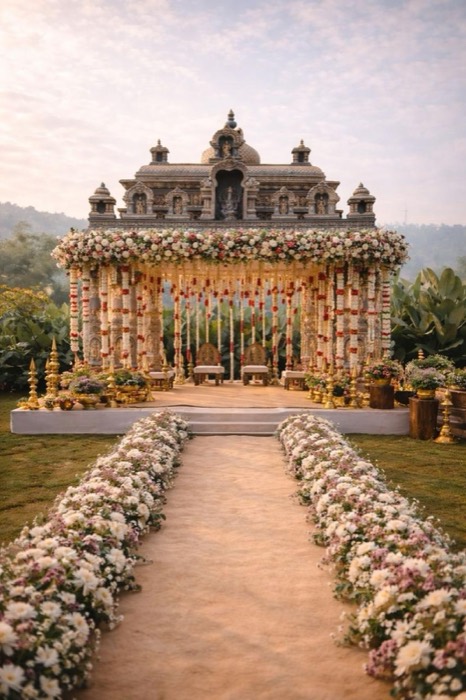 Temple-style mandap with white floral aisle and brass kalash at dawn — Panigrahana decor