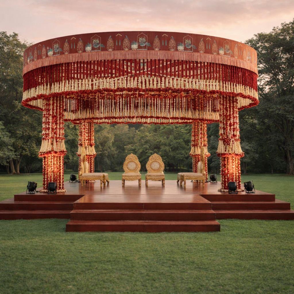 Circular marigold pavilion mandap glowing at dusk on an open lawn, Panigrahana decor