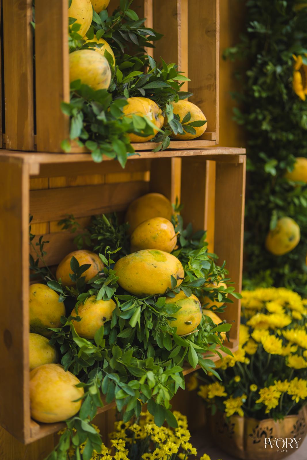 Raw mango crates stacked with yellow blooms for haldi styling