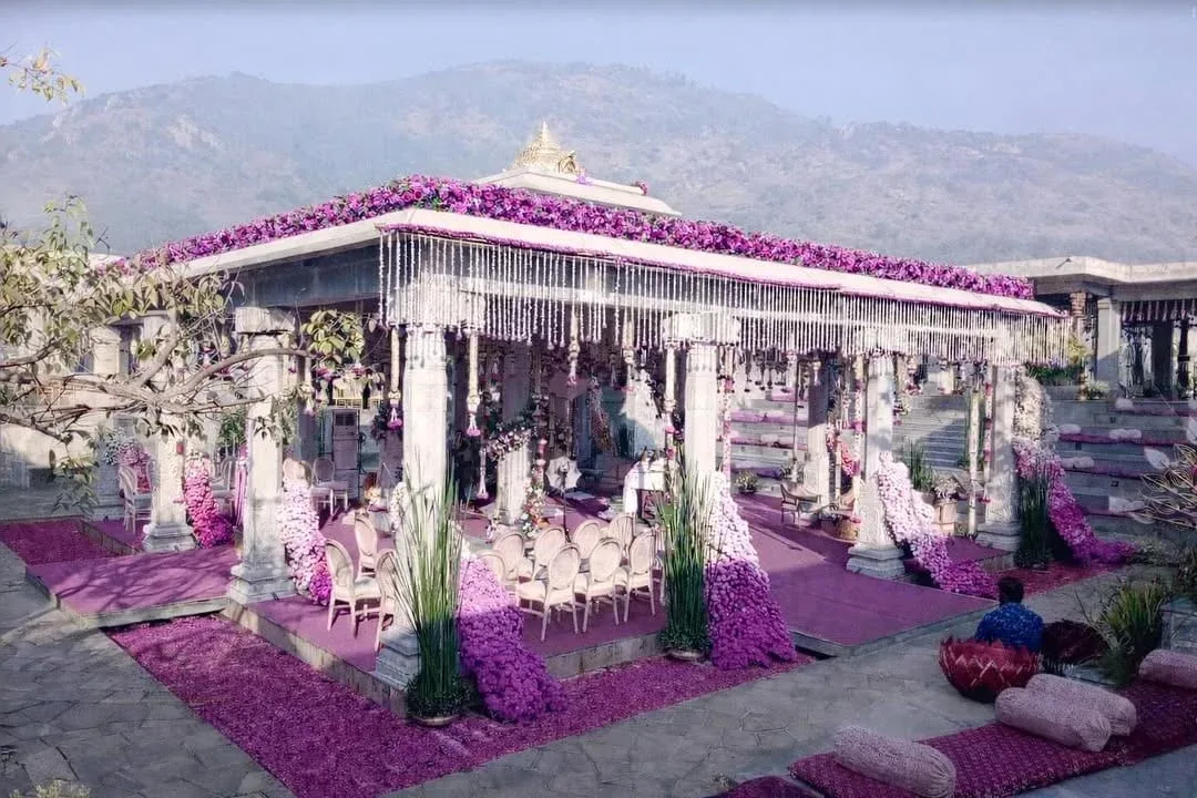 Pink floral mandap at Amita Rasa, Bangalore