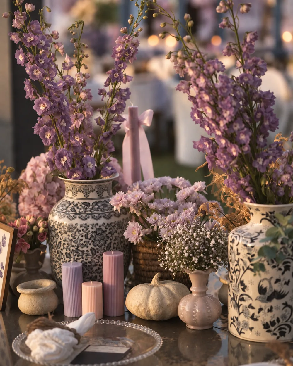 Patterned porcelain vases and lavender candle styling at Amitarasa, Bangalore. Decor execution by Panigrahana Weddings.