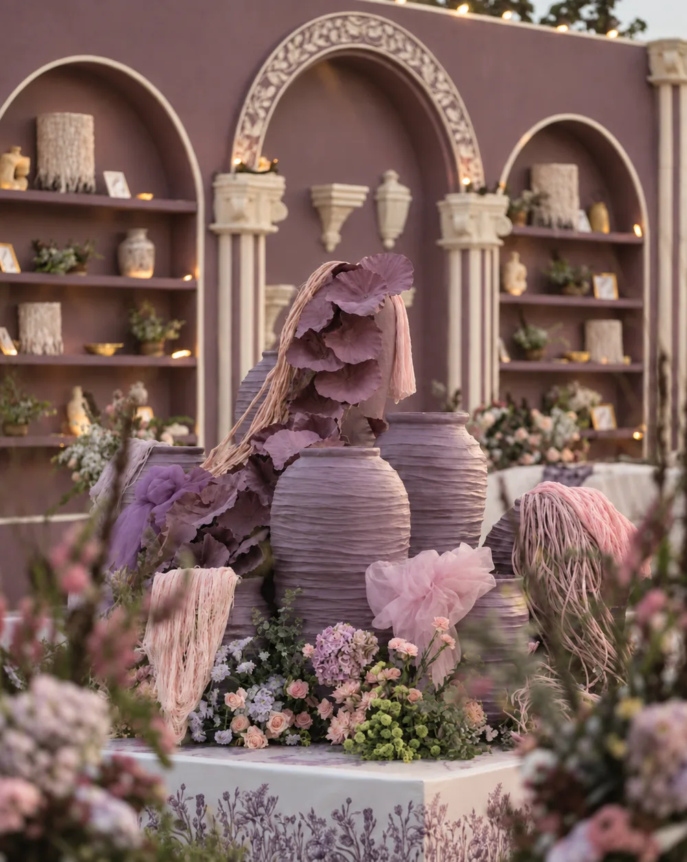 Sculptural mauve vessels against an arched backdrop at Amitarasa, Bangalore. Decor execution by Panigrahana Weddings.