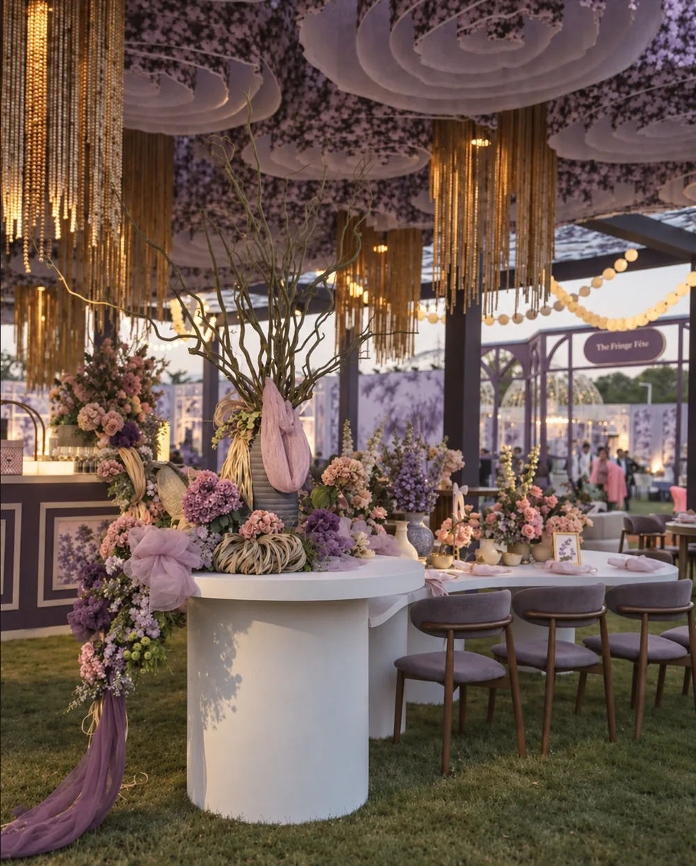 Mauve dining setting with hanging bead chandeliers at Amitarasa, Bangalore. Decor execution by Panigrahana Weddings.