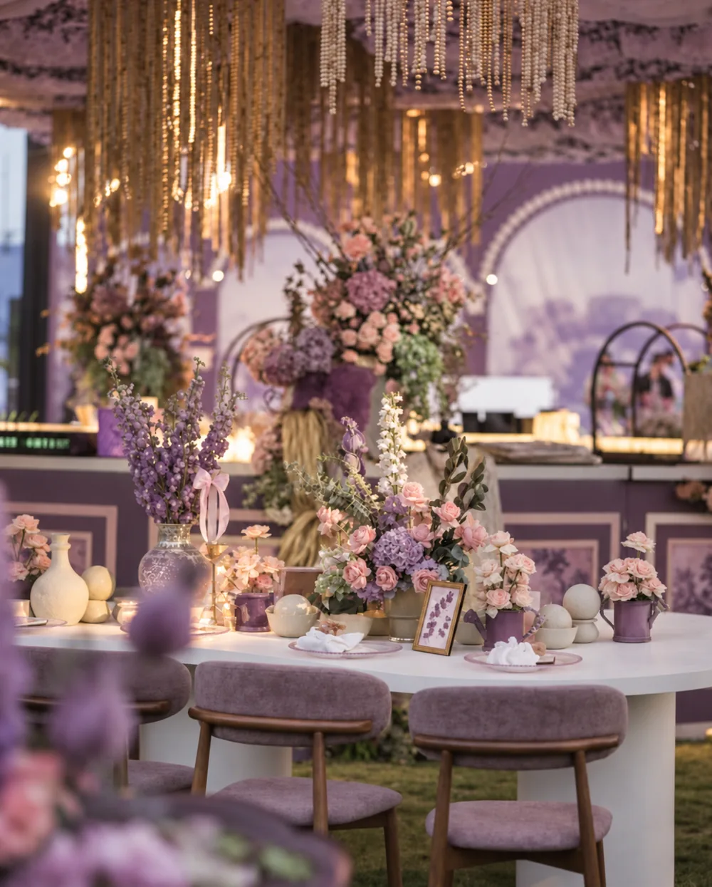 Dining table with mauve seating and a floral backdrop at Amitarasa, Bangalore. Decor execution by Panigrahana Weddings.