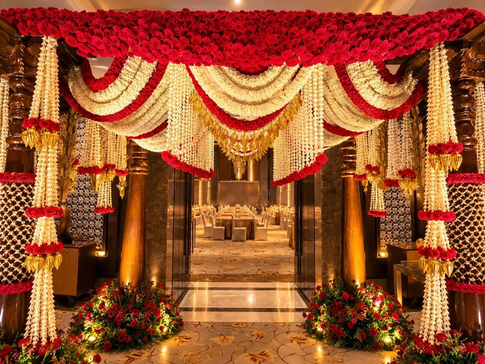 Jasmine and red rose swag entrance framing the banquet hall at Artezia Bengaluru (formerly Shangri-La), with jasmine-wrapped carved pillars and lit rose mounds either side