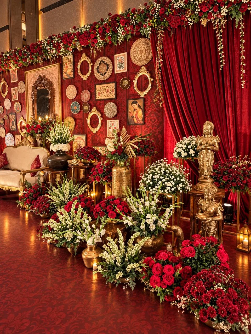 Side view of the gallery-wall stage: brass lamp-bearer statues, gold urns of red roses, tuberose and gypsophila, candle lanterns and red velvet drapes on a red floor