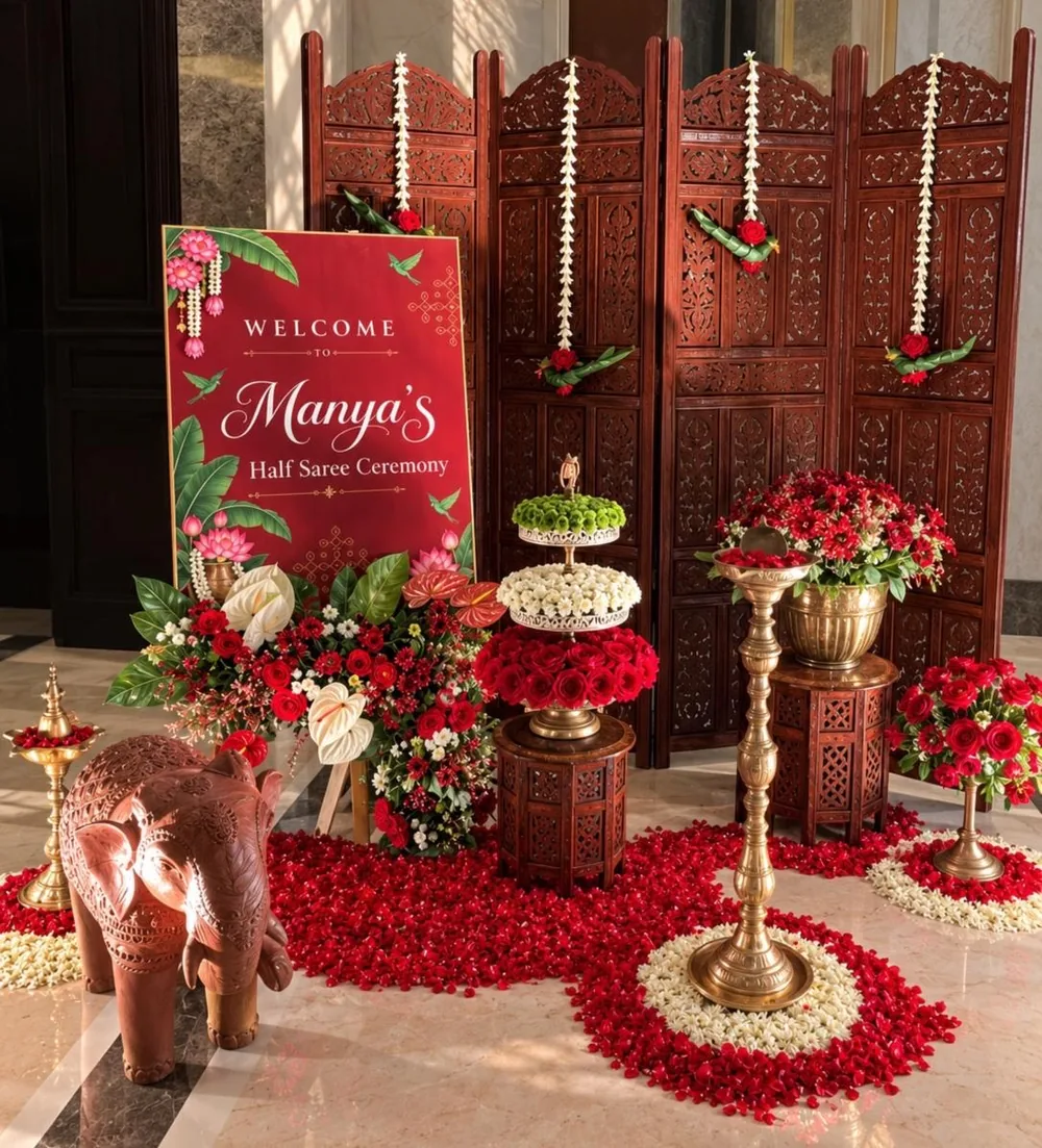 Half saree ceremony welcome display: an illustrated red welcome sign, carved rosewood jaali screens hung with jasmine strings, brass lamps, a terracotta elephant and a floor of rose petals with jasmine rings