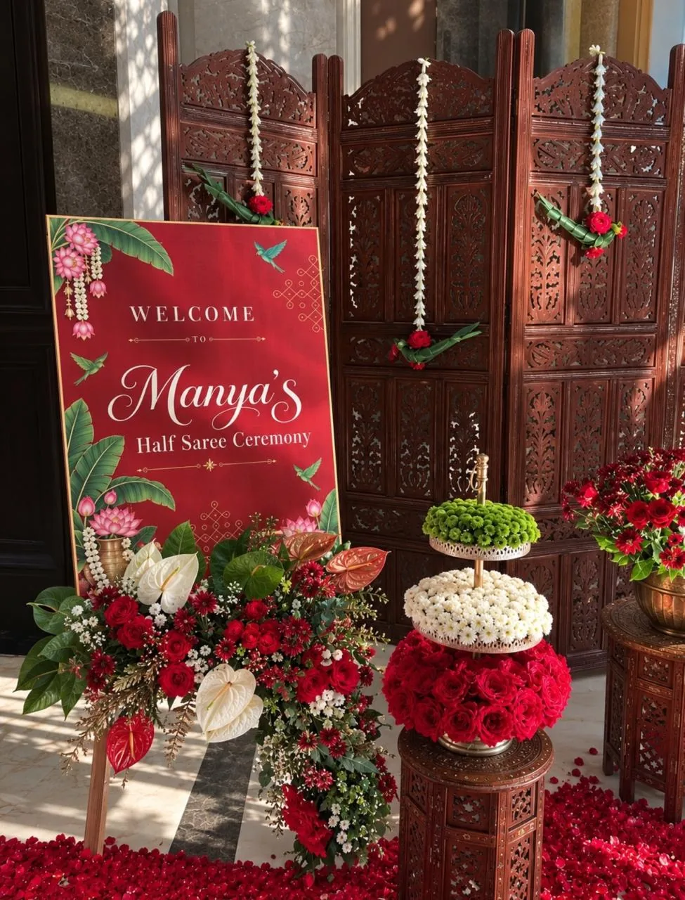 Welcome sign for a half saree ceremony with an anthurium and red rose spray, a three-tier stand of green and white chrysanthemums and red roses, and jasmine strings on a carved jaali screen