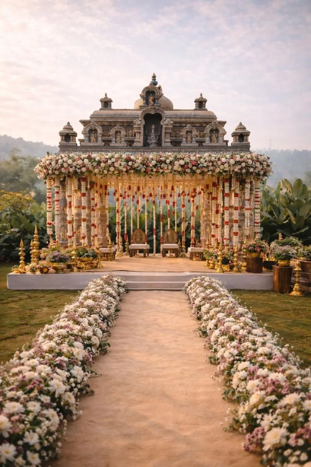 Temple-style mandap with a flower-lined aisle — Panigrahana decor portfolio