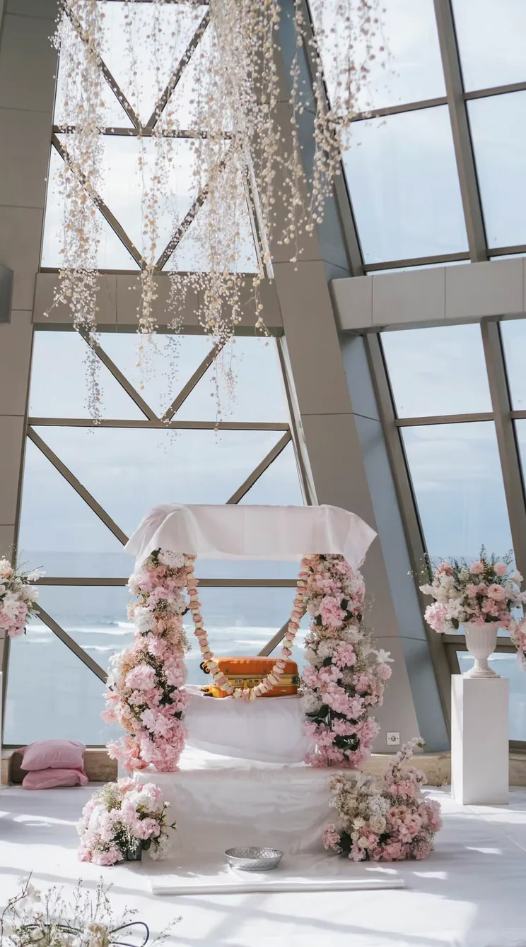 Pink floral mandap inside the glass chapel at Samabe Resort — Panigrahana decor portfolio