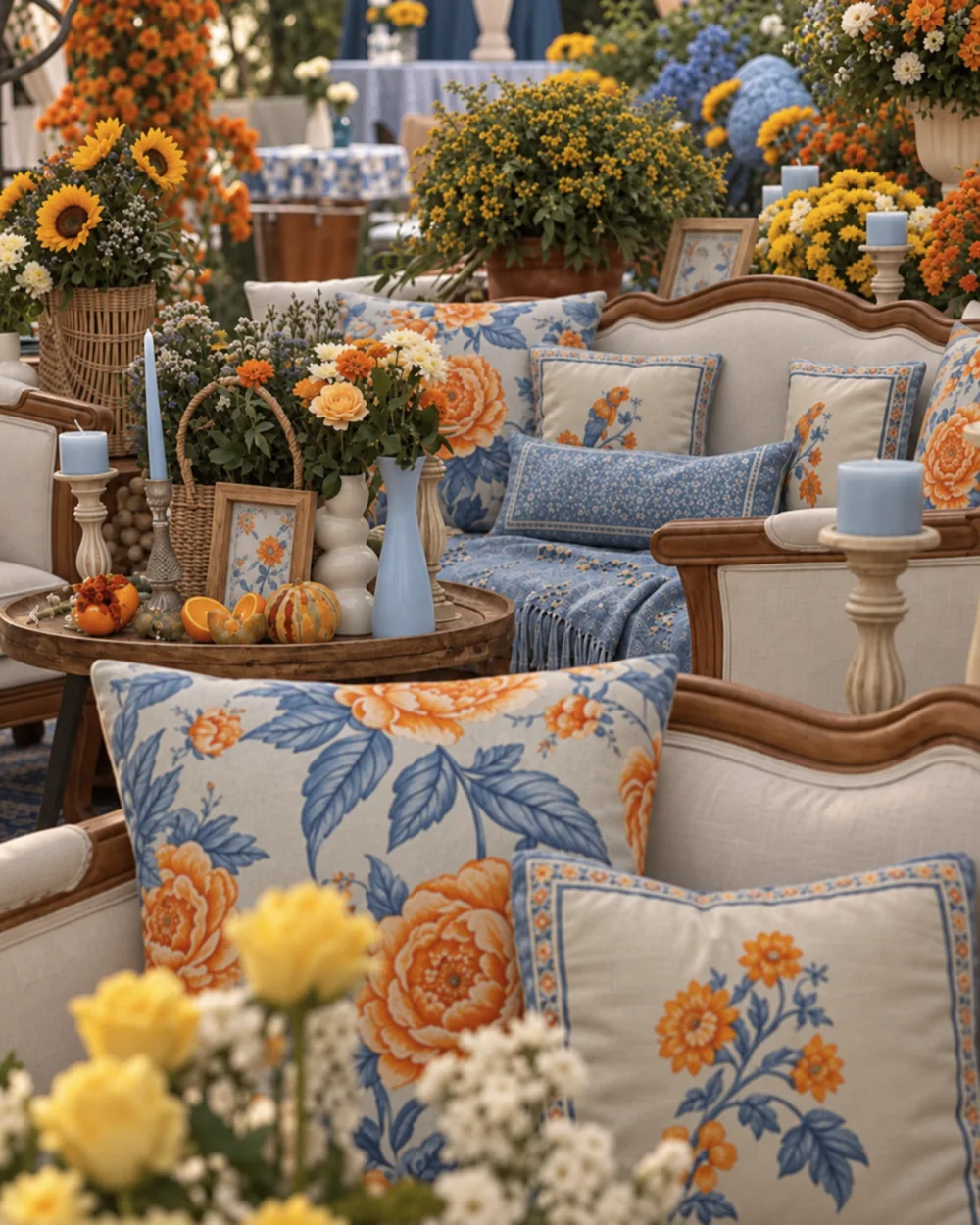 Floral cushions and citrus details around a wooden lounge table at JW Marriott Bengaluru Prestige Golfshire, Bangalore. Decor execution by Panigrahana Weddings.