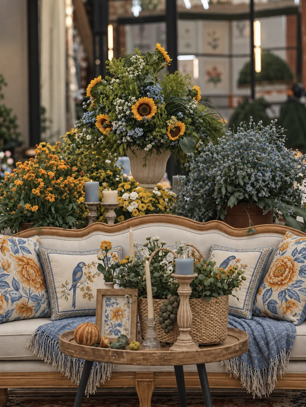 Sunflower arrangements behind a blue and white lounge at JW Marriott Bengaluru Prestige Golfshire, Bangalore. Decor execution by Panigrahana Weddings.