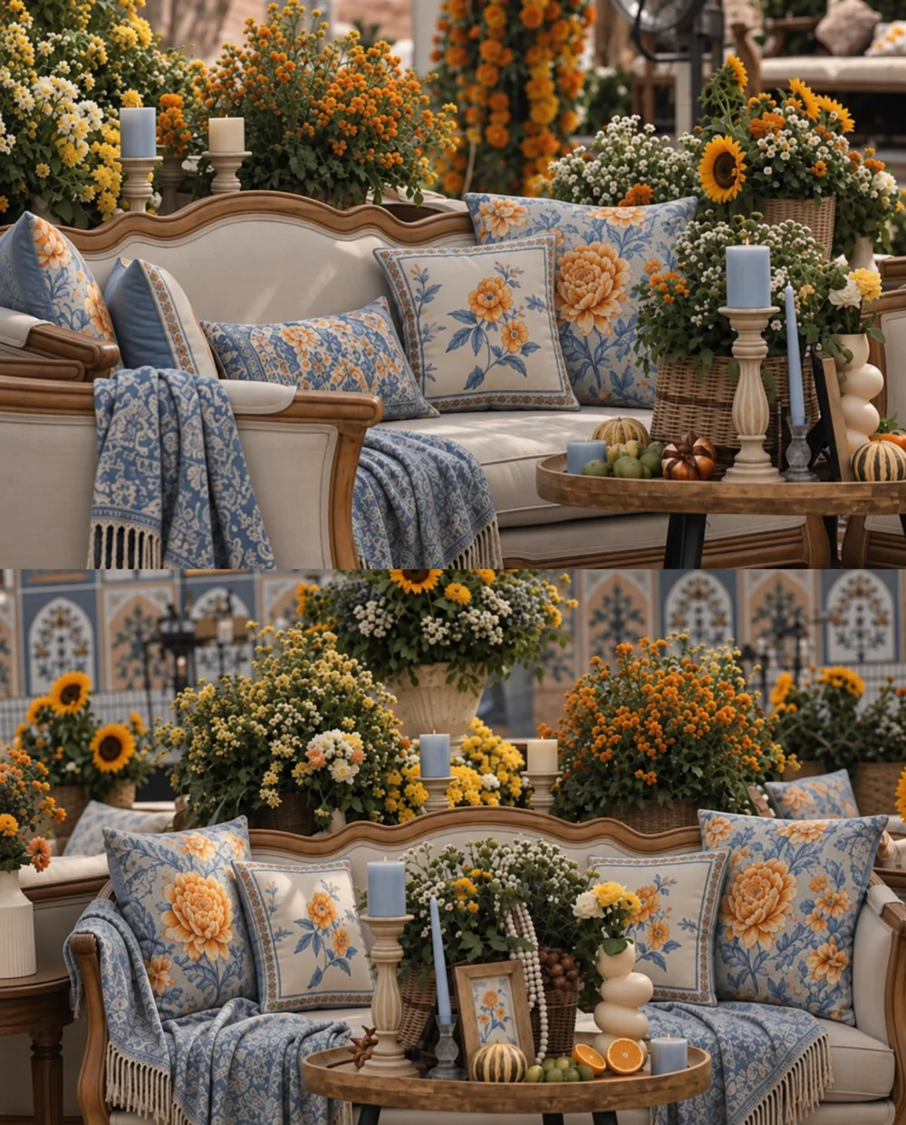 Two views of the blue and yellow floral lounge at JW Marriott Bengaluru Prestige Golfshire, Bangalore. Decor execution by Panigrahana Weddings.