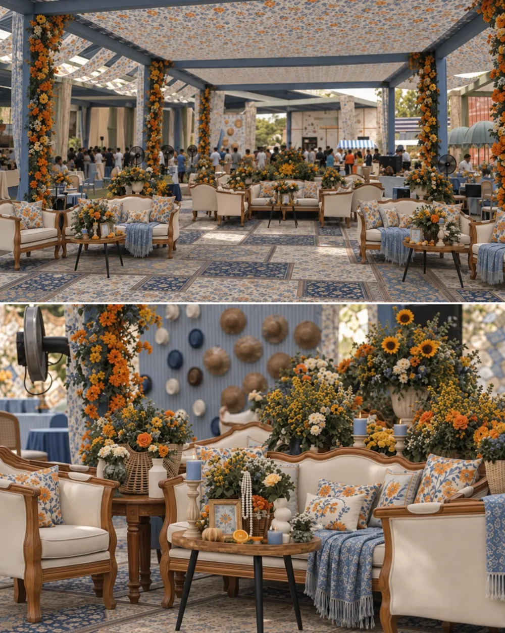 Canopy and lounge views of the blue and citrus decor at JW Marriott Bengaluru Prestige Golfshire, Bangalore. Decor execution by Panigrahana Weddings.