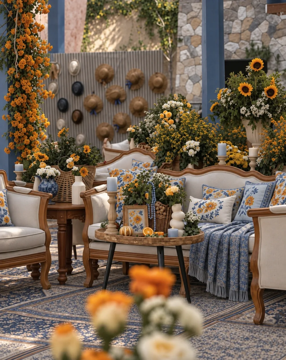 Blue and citrus lounge beneath flower-covered pillars at JW Marriott Bengaluru Prestige Golfshire, Bangalore. Decor execution by Panigrahana Weddings.