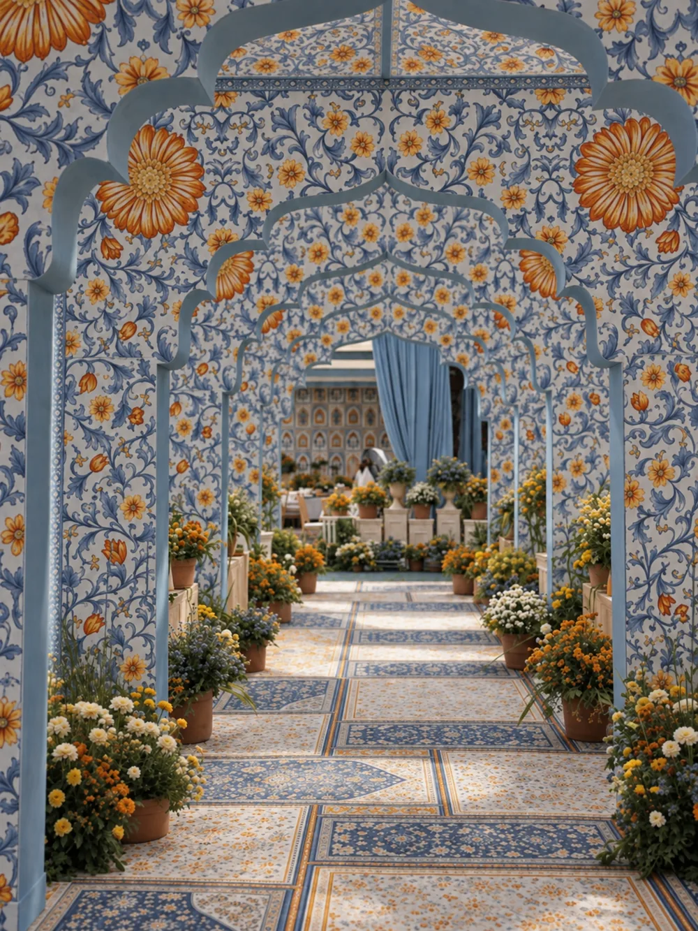 Blue floral arches framing a flower-lined entrance at JW Marriott Bengaluru Prestige Golfshire, Bangalore. Decor execution by Panigrahana Weddings.
