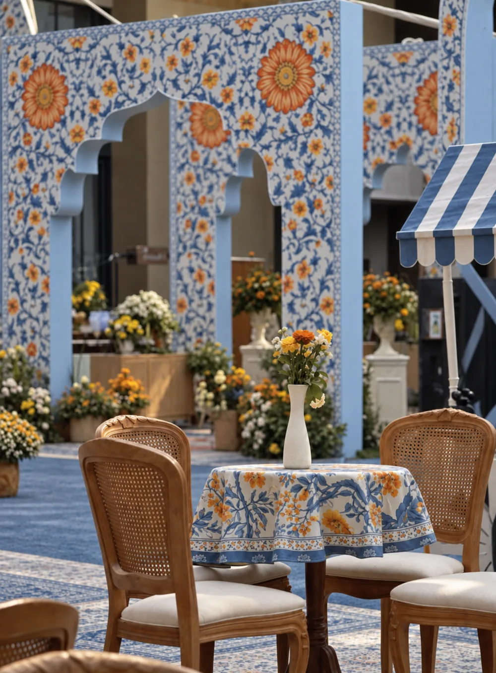 Cane dining chairs beneath blue floral arches at JW Marriott Bengaluru Prestige Golfshire, Bangalore. Decor execution by Panigrahana Weddings.