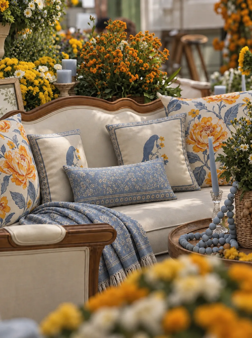 Bird-embroidered cushions and a blue throw on cream seating at JW Marriott Bengaluru Prestige Golfshire, Bangalore. Decor execution by Panigrahana Weddings.