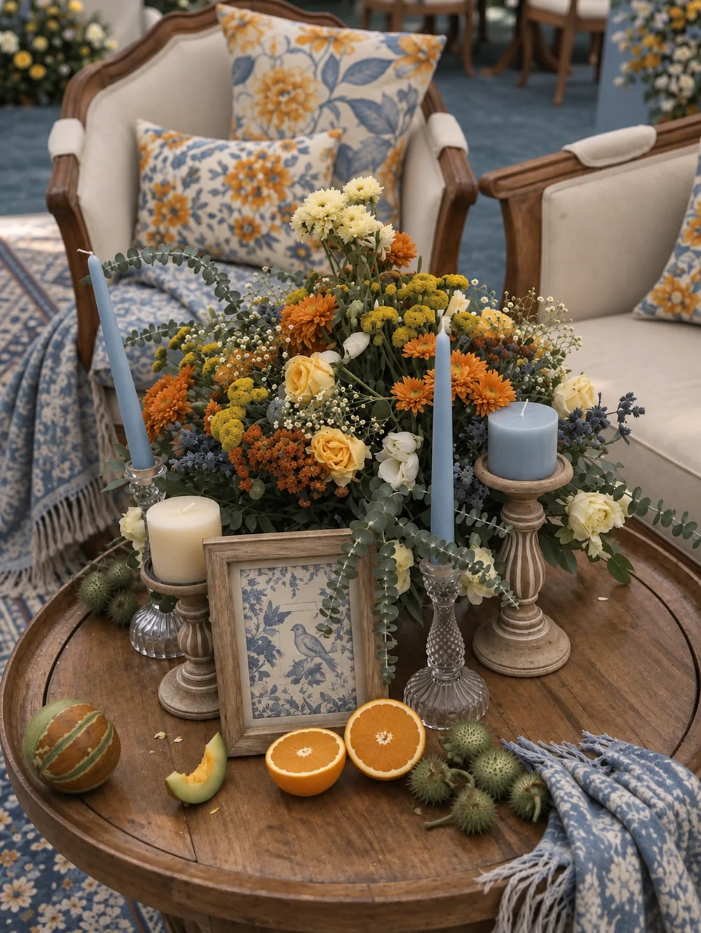 Yellow and orange flowers with blue candles and citrus styling at JW Marriott Bengaluru Prestige Golfshire, Bangalore. Decor execution by Panigrahana Weddings.