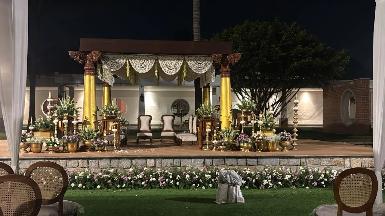 Evening ceremony pavilion beside the water at Moongate