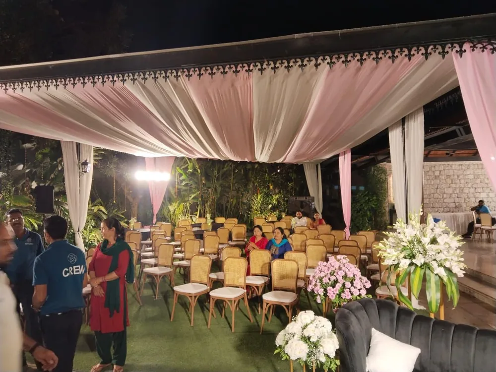 Blush draped canopy over guest seating at Prangana — Panigrahana portfolio
