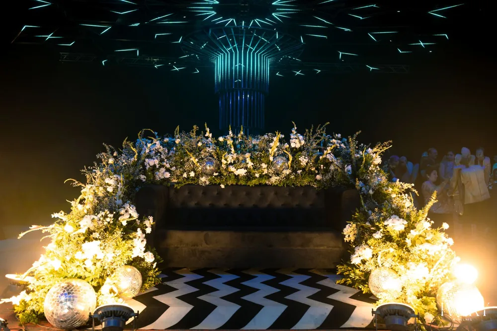 Sangeet stage floral checkerboard — Panigrahana decor portfolio