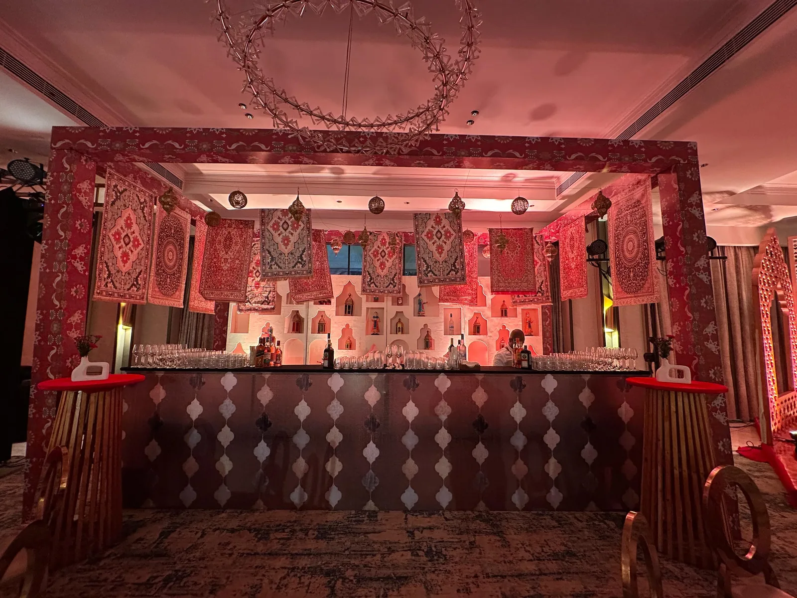 Patterned bar facade and hanging textiles at The St. Regis Goa Resort