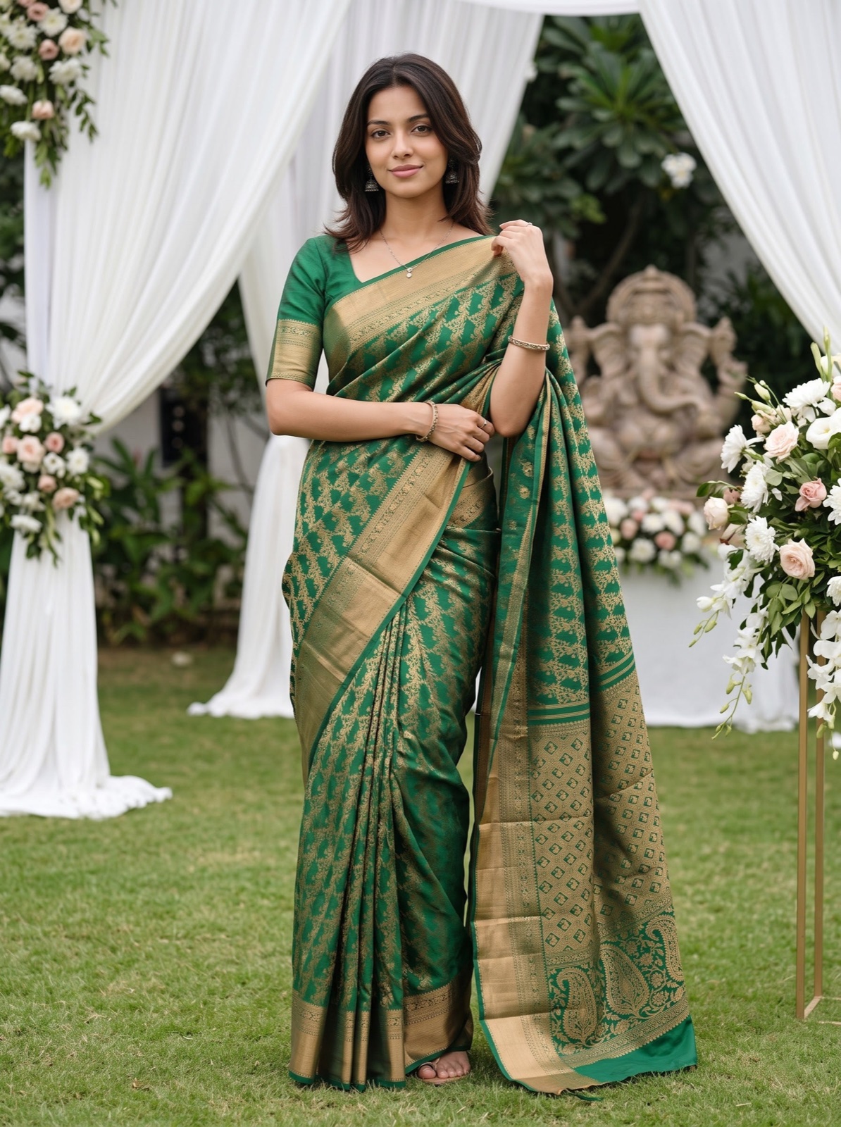 Green Kanjivaram brocade saree with a gold paisley pallu, worn by a model in a garden