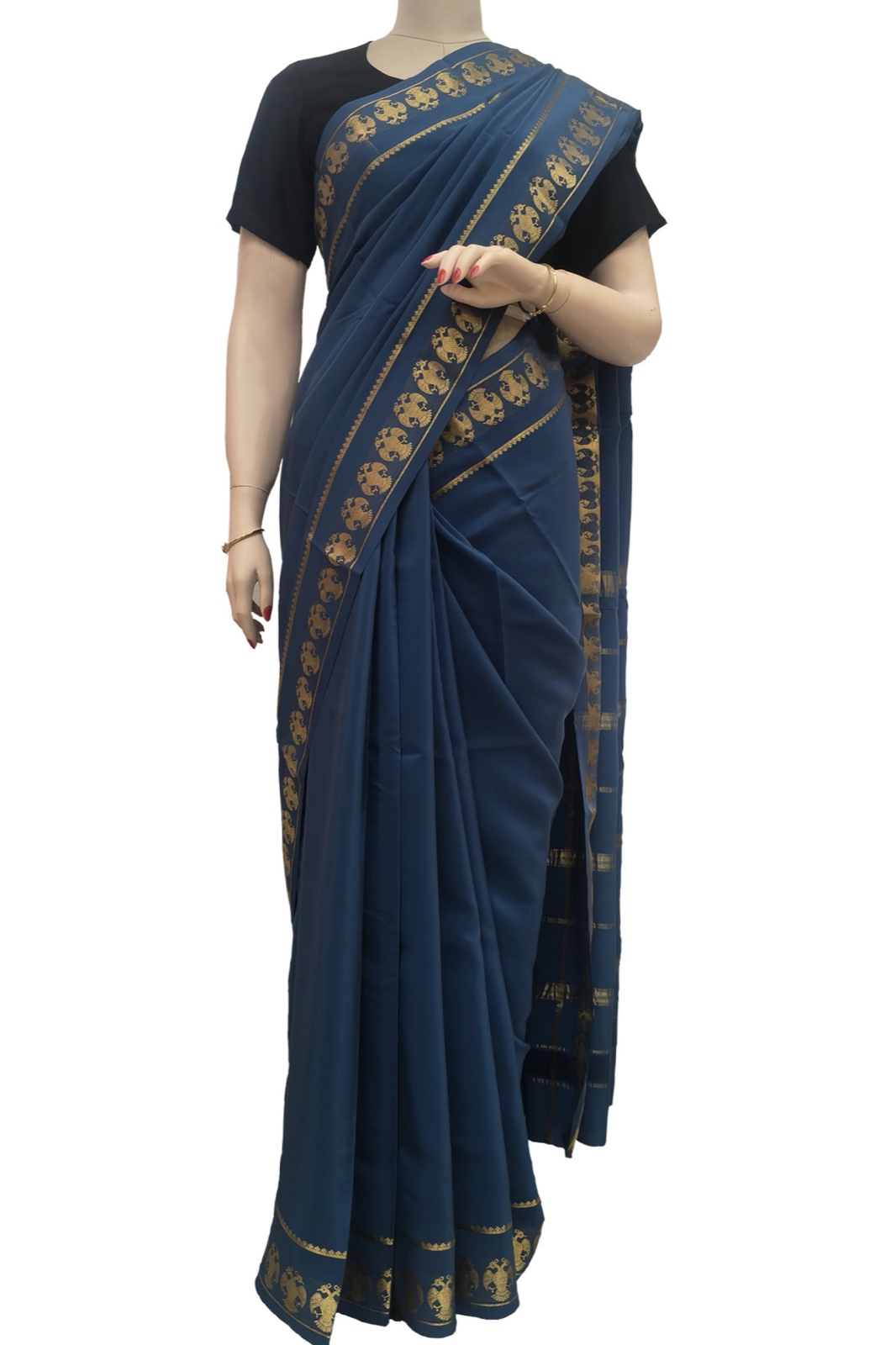 Navy Mysore silk saree with gold zari motifs and border, shown on a mannequin