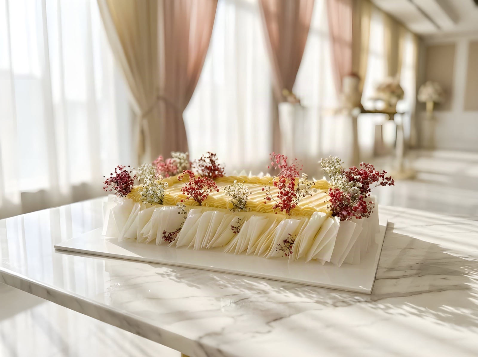 A long sheet wedding cake with pleated wafer-paper sides, gold piped trim and dried florals, on a marble table