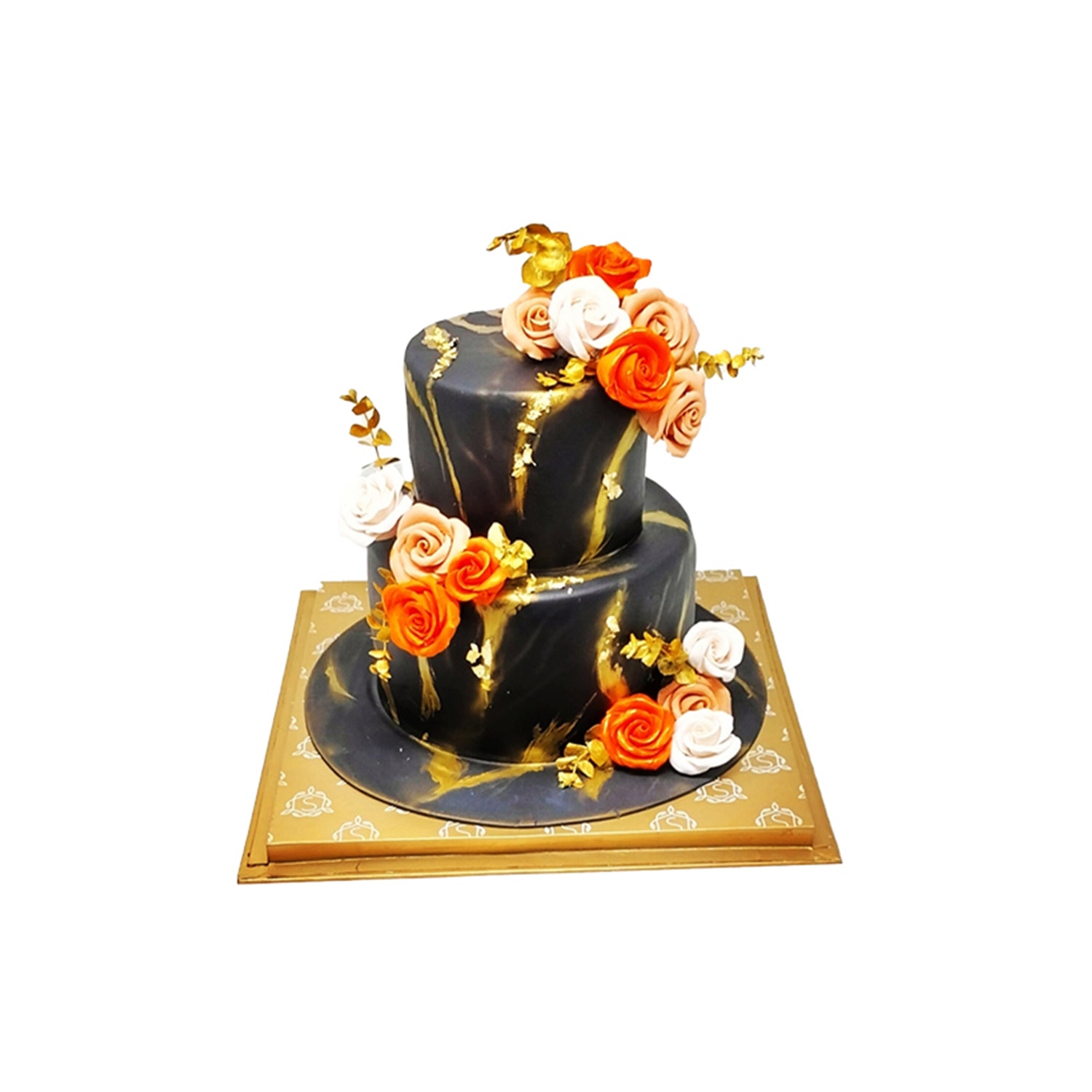 Two-tier wedding cake in dark marbled icing with gold leaf and orange, peach and white roses