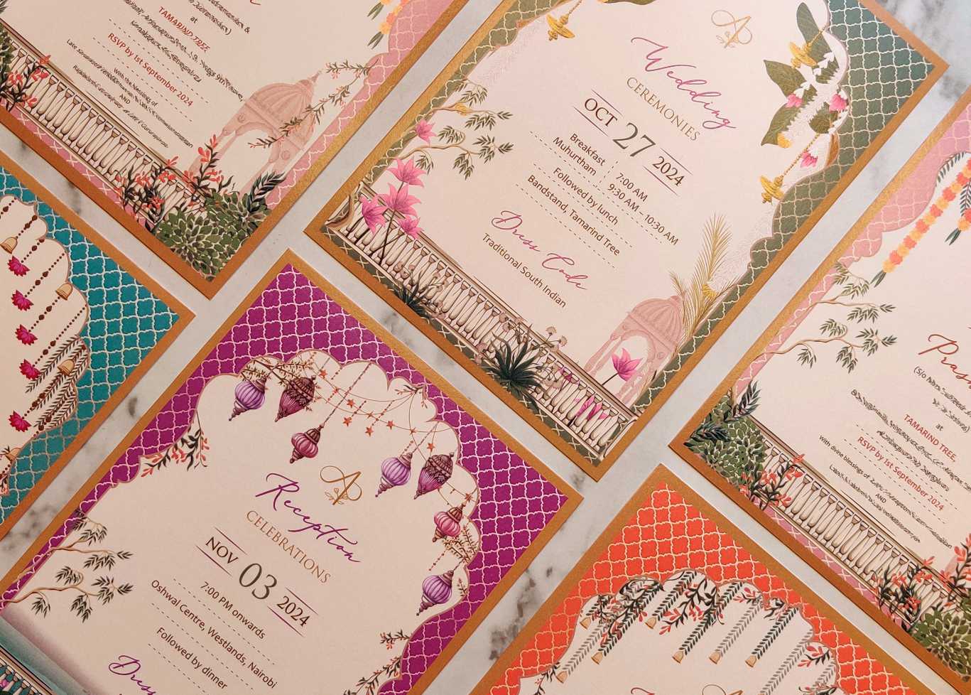 Pichwai-style illustrated wedding event cards with arches, hanging lanterns and lotus motifs in pink, teal and orange