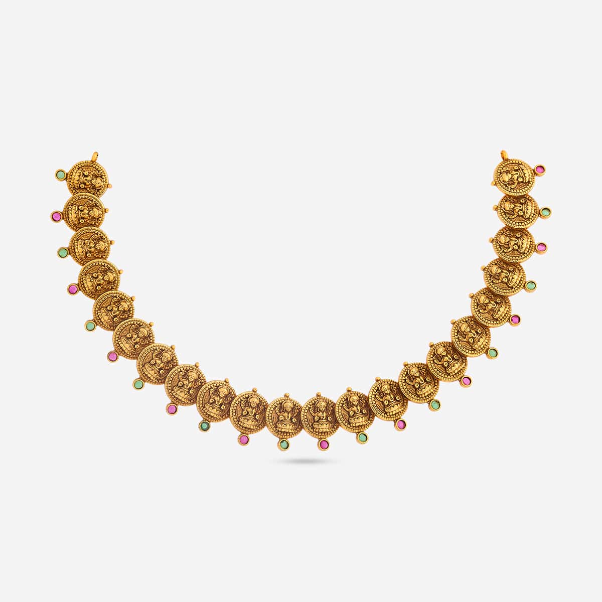 Antique-finish necklace of Lakshmi coin pendants with pink and green stones