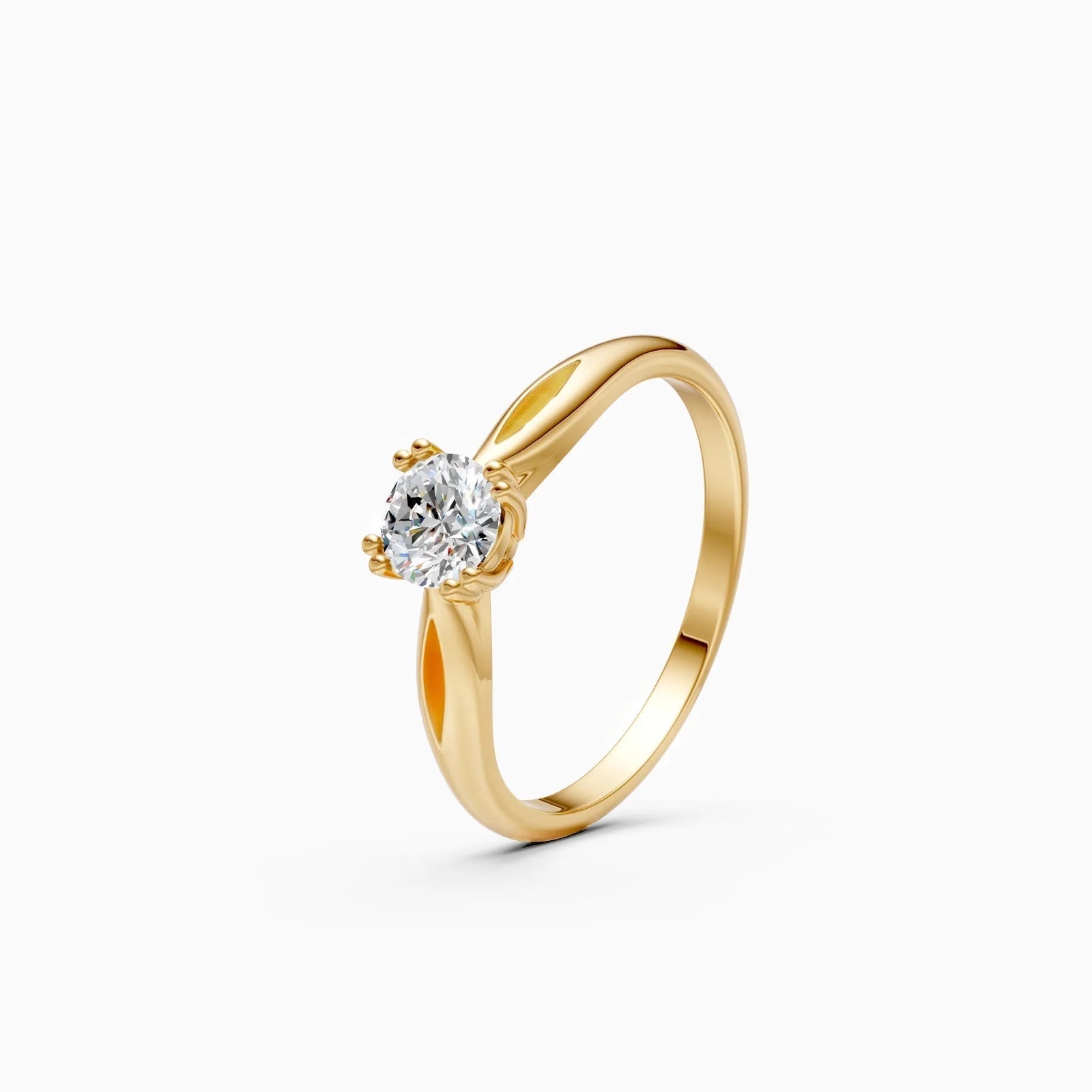 Round lab-grown diamond solitaire in a four-prong yellow-gold setting