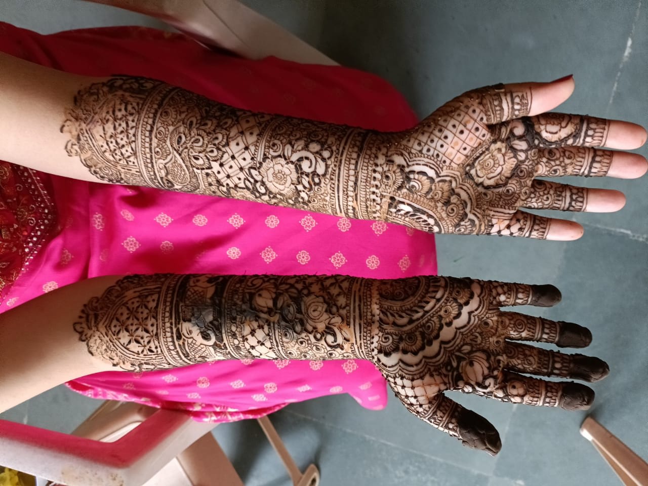 Two arms of fresh bridal mehendi paste with a peacock, roses and checked panels from the fingertips to the elbow