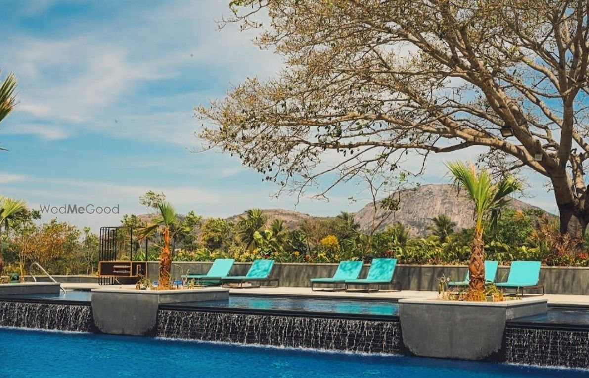 The tiered resort pool in daylight — turquoise water spilling over a dark waterfall edge, turquoise loungers and planted palm islands on the deck, with a bare frangipani tree overhead and the rock face of the Nandi Hills behind