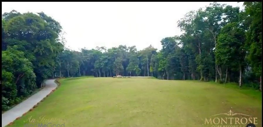 A fairway at Montrose Golf Resort cut between standing forest, the estate road running along its left edge