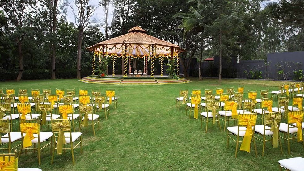 Royalton Leisure's open lawn set for a ceremony, with a thatched-roof gazebo mandap dressed in marigold and rows of gold chiavari chairs on the grass