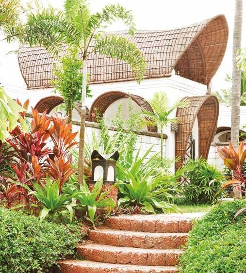 Planted steps running between villas at Taj Bekal, their curved bamboo canopies visible above dense tropical foliage