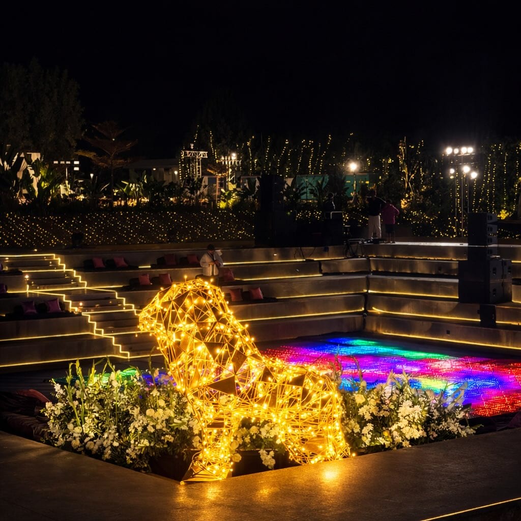 Night sangeet at Amita Rasa — illuminated gold lion sculpture and lit amphitheatre dance floor by Panigrahana