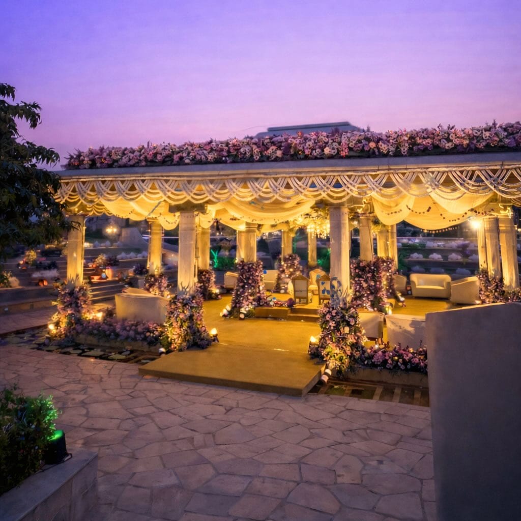 Lavender and blush floral mandap with a draped canopy at twilight, Amita Rasa Nandi Foothills wedding by Panigrahana