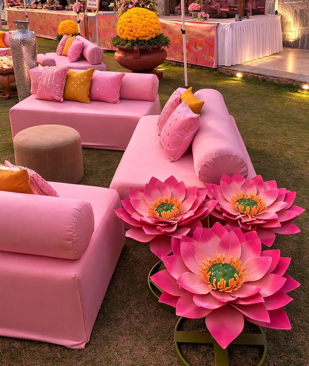 Pink lotus mehendi lounge with blush seating and marigold accents at Amita Rasa, designed by Panigrahana