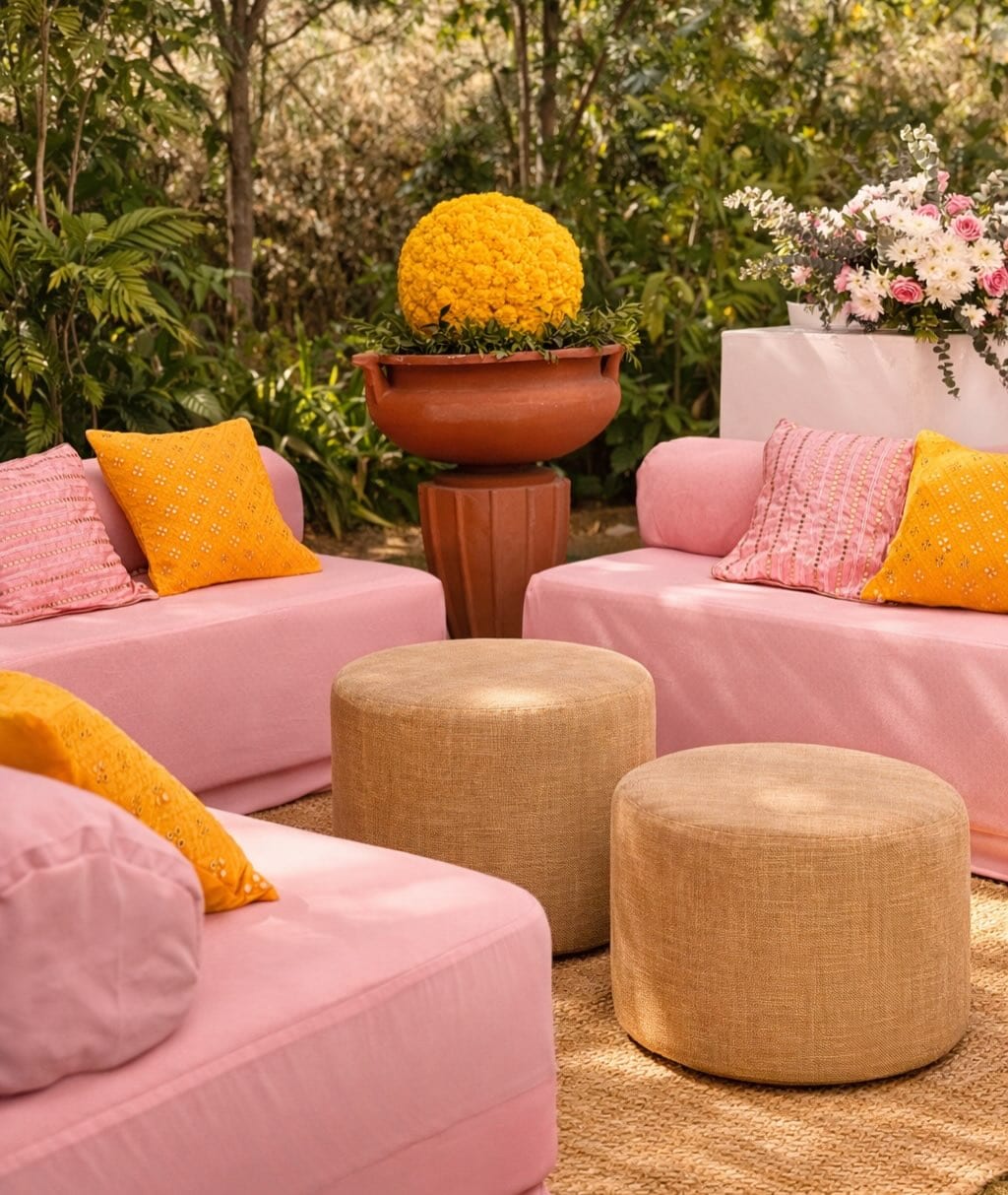 Garden mehendi lounge with blush seating, marigold urns and jute ottomans at Amita Rasa by Panigrahana