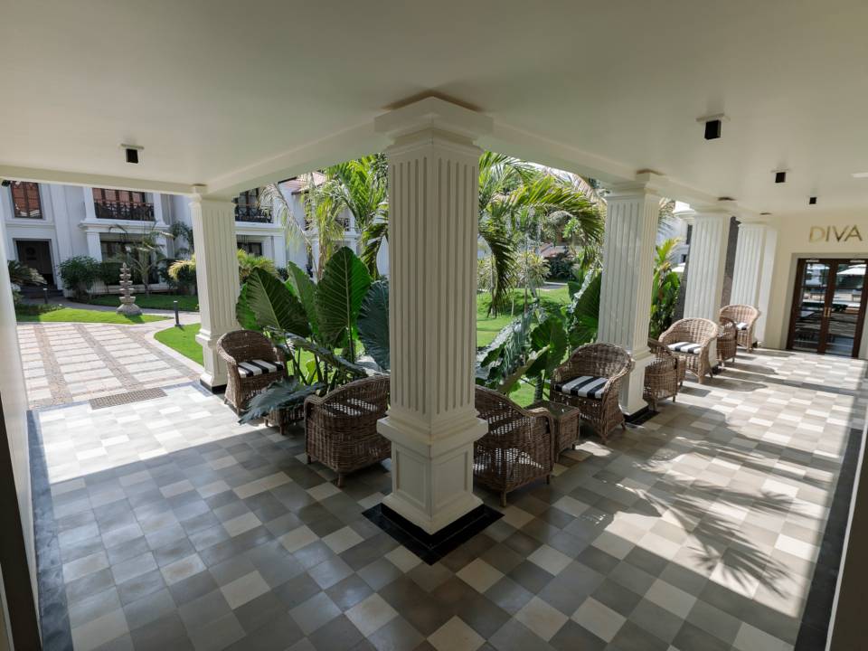 Veranda and landscaped courtyard at Andores Resort and Spa in Calangute, Goa