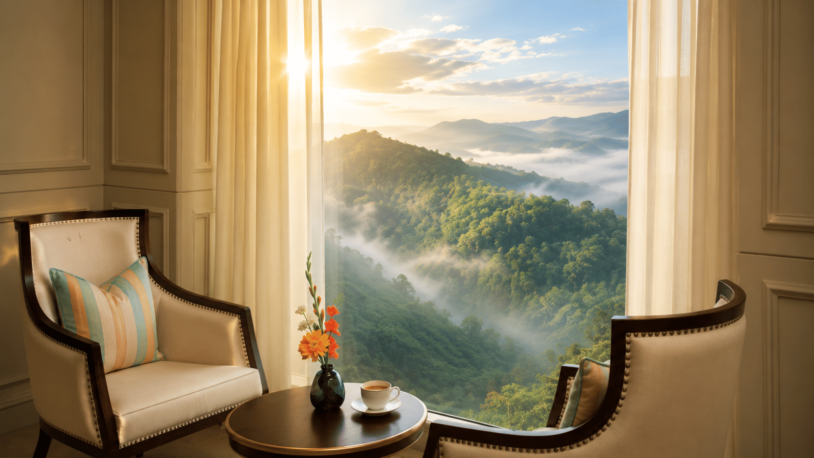 Seating and mountain views at Fragrant Nature Munnar