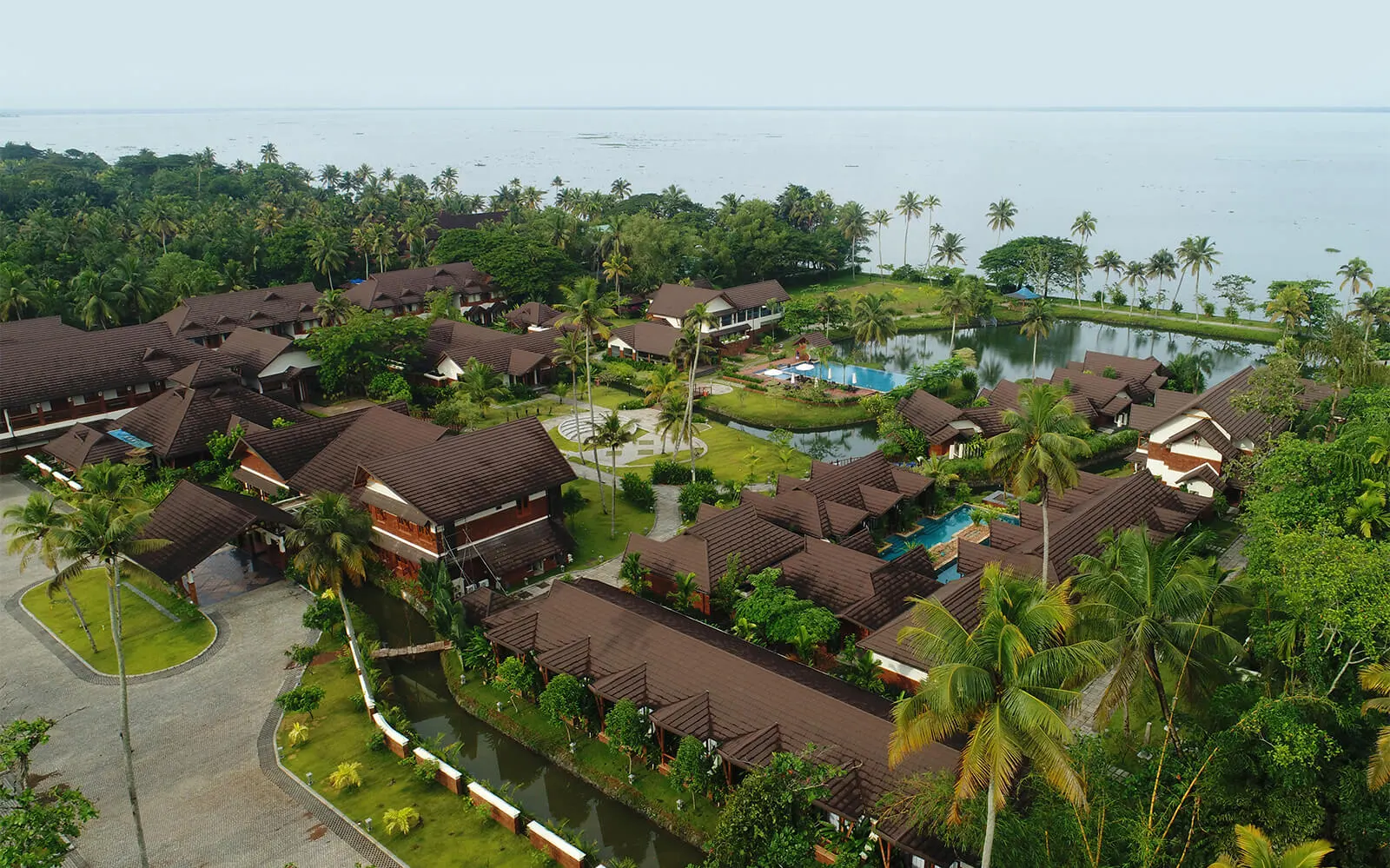 Aerial view of Gokulam Grand Kumarakom beside the lake