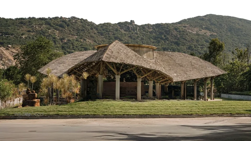 Open-sided Bamboo Bay pavilion beneath the Nandi Hills ridge